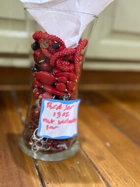 Jewelry jar with theme- Red Beaded Necklaces, rings jewelry.Jar+ jewelry include